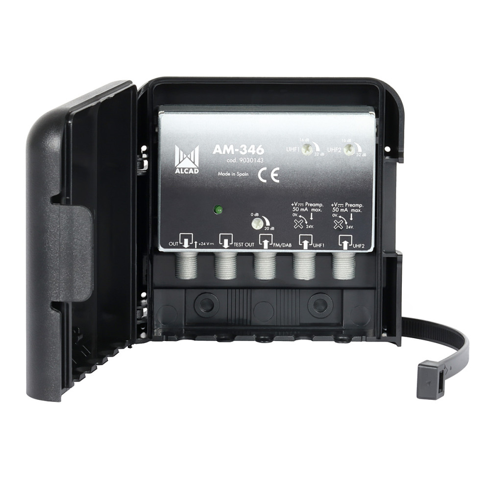 Zunanji antenski ojačevalnik ALCAD AM-346 FM/VHF + 2× UHF, 20/32 dB, 24 V